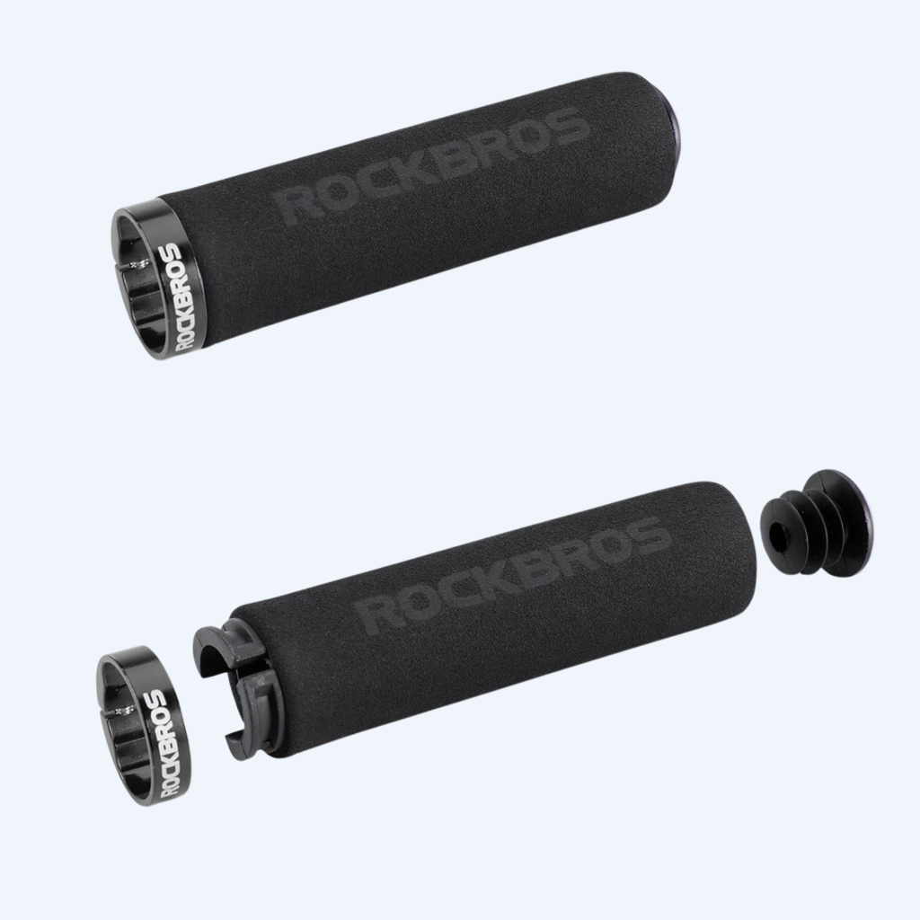 Dual lock-on Rockbros bicycle grips with secure aluminum clamps, a great cheap MTB handlebar upgrade in India.