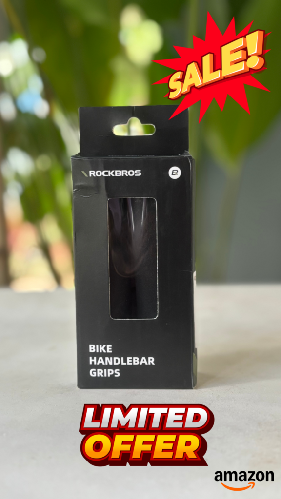 Rockbros bike handlebar grips box packaging showing a limited offer sale in India.